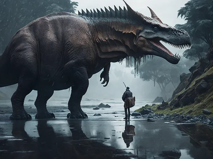 a person holding an umbrella standing in the rain next to a dinosaur, the style of andreas rocha, by Igor Kieryluk, menacing look, in style of beeple, by andrey ryabovichev, trex, ultra realistic, amazing photo, inspired by Chris LaBrooy,(8k, RAW photo, best quality, masterpiece:1.2), ulra high res, photorealistic:1.4),Cinematic Light,(soft volumetric lighting:1.2), (realistic, photo-realistic:1.37), detailed skin,professional lighting,Photography, Sharp focus, detailed ,professional lighting, photon mapping, detailed and intricate environment,highly detailed,best quality,8k artistic photography, photorealistic concept art, soft natural volumetric cinematic perfect light,MIDJOURNEY,3DMDT