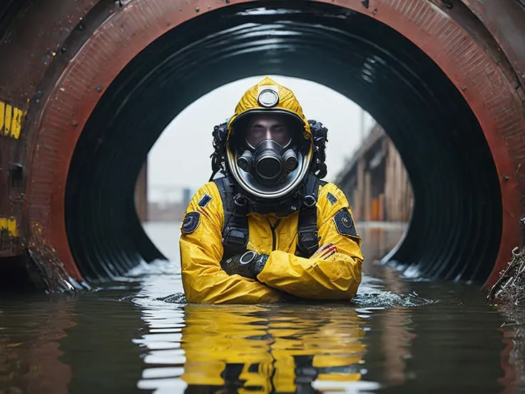 (( urban huge underground tunnel:2 )), dark, ((( water half flooded:4 ))),professional photo, rescuer in (highly detailed:1.1)yellow pressure suit, face fully covered with a sci-fi gas mask half submerged in red mud,post-apocalyptic ruined city after the atomic explosion, a lot of dead zombie, messy,garbage everywhere, construction garbage, snow, realistic, sharp focus, 8k high definition, insanely detailed, intricate, dark tunnel