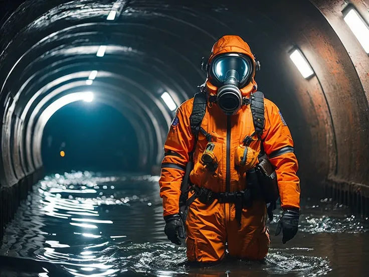 (( urban huge underground tunnel:2 )), dark, ((( water half flooded:4 ))),professional photo, rescuer in (highly detailed:1.1)orange pressure suit,  face fully covered with a sci-fi gas mask half submerged in red mud, a lot of  dead zombie, messy,garbage everywhere, construction garbage, snow, realistic, sharp focus, 8k high definition, insanely detailed, intricate, dark tunnel
