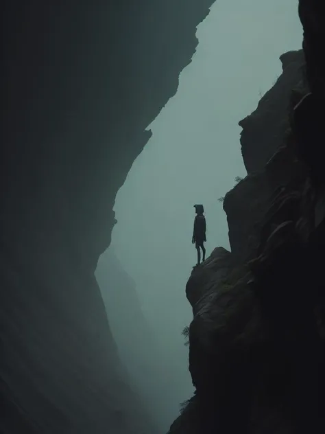 <lora:CubeMan:1>a person standing on a cliff in the fog