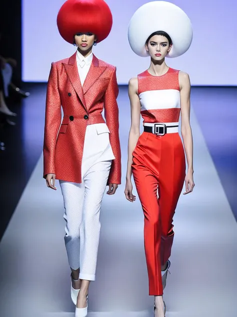 <lora:Avant-gardeFashion:1>a couple of women walking down a runway wearing red and white outfits with large hair on top of their heads Avant-garde Fashion