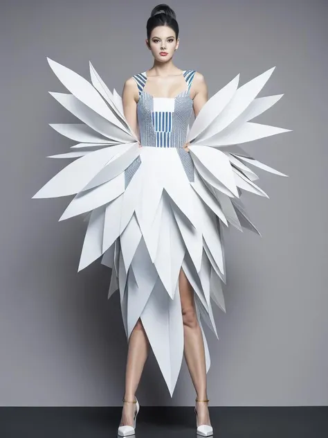 <lora:Avant-gardeFashion:1>a woman in a costume made out of paper strips and feathers is standing in front of a gray background Avant-garde Fashion