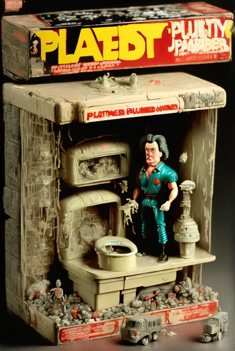 <lora:1987ActionFigurePlaysetPackaging:1.3>Kenner playset and worn packaging, (fat ugly red faced plumber, dirty white van), depressing apartment, 2 kidnapped children, pile of trash, <lora:loraBasedOnTheDrawings_v21:1>