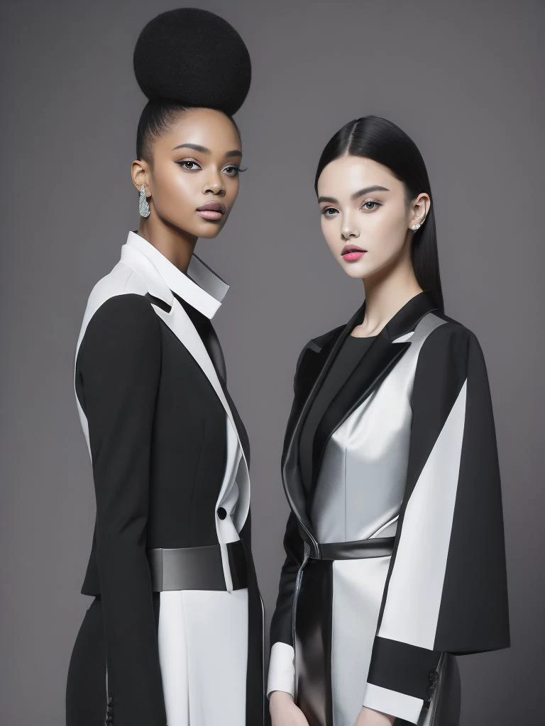<lora:Avant-gardeFashion:1>a couple of women standing next to each other on a black background with a gray background Avant-garde Fashion