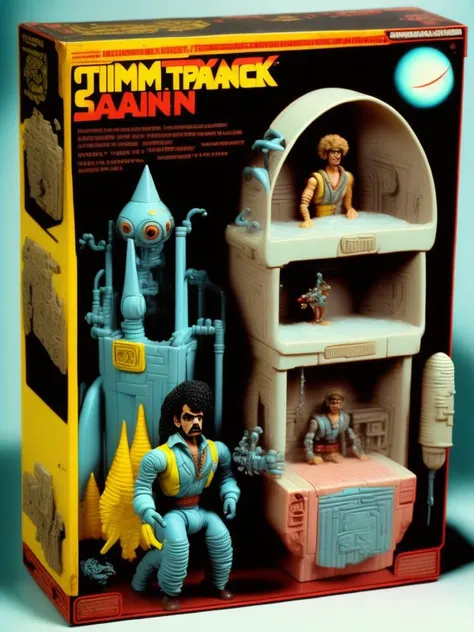 <lora:1987ActionFigurePlaysetPackaging:1>1986 Kenner playset and packaging from cupcake cannon action figure line based on Tim Burton space travel sci-fi horror movie, 1986