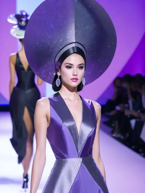 <lora:Avant-gardeFashion:1>a woman in a purple dress on a runway with a large headpiece on her head Avant-garde Fashion