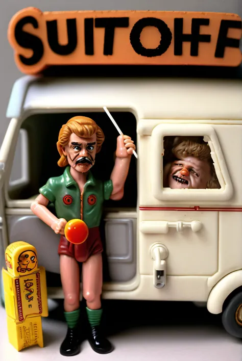 <lora:1987ActionFigurePlaysetPackaging:1>1986 Kenner and hasbroe playset and packaging, (child molester) with a thin mustache and sinister smile holding lollypop luring boy by the scruff of his neck, standing in front of (white van) with open door