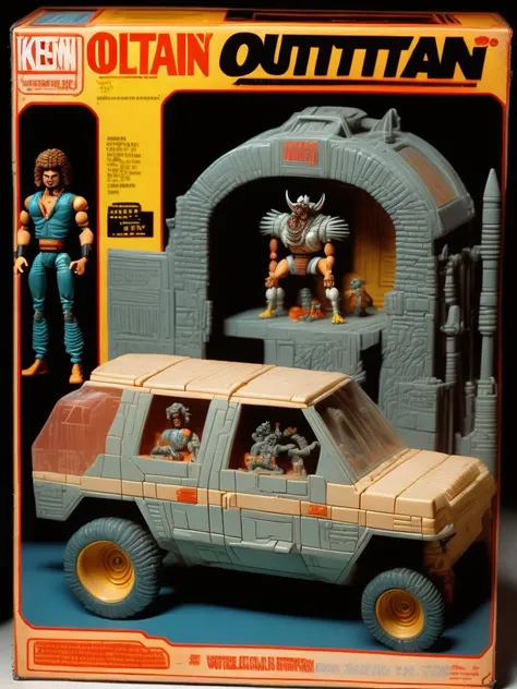 <lora:1987ActionFigurePlaysetPackaging:1>1986 Kenner vehicle and action figure and packaging from action figure line based on Every Which Way But Loose comedy movie, outlaw bikers wearing horned helmets, 1986