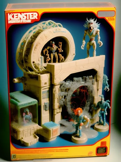 <lora:1987ActionFigurePlaysetPackaging:1>1986 Kenner playset and packaging of a monster themed rollercoaster transparent cast plastic with paint details action figure line