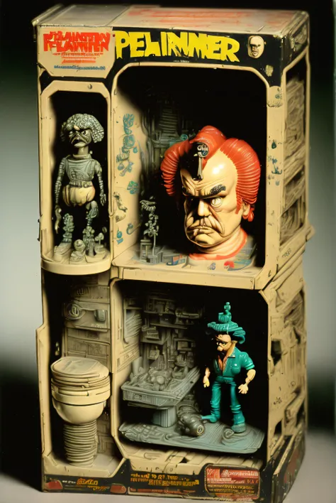 <lora:1987ActionFigurePlaysetPackaging:1.3>Kenner playset and worn packaging, (fat ugly red faced plumber with dirty white van), 1 depressing apartment with 2 unhappy children, trash everywhere <lora:loraBasedOnTheDrawings_v21:1>