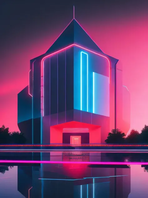 <lora:BeepleMikeWinkelmann:1>a futuristic looking building with neon lights on it's sides and a red sky in the background by Beeple Mike Winkelmann