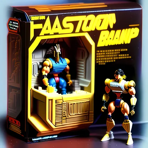 1987 Action Figure Playset Packaging <lora:1987ActionFigurePlaysetPackaging:1> Hasbror action figure and packaging action figure line based on Robocop, terminator, and Chopping Mall, Killer Robot with Laser cannons and a Futuristic Battle car set, 1985, Weapon, accessories,