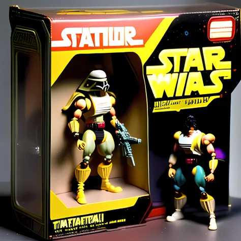 1987 Action Figure Playset Packaging <lora:1987ActionFigurePlaysetPackaging:1> Hasbro action figure and extensive packaging action figure line based on Star Wars, Imperial Attack Sroid with blaster rifle, 1987, accessories,