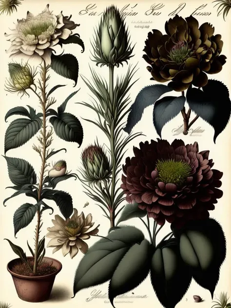 <lora:CenturyBotanicalIllustration:1>plants in antique Victorian botanical style lithographs plates with corresponding caption in Latin and Old German script