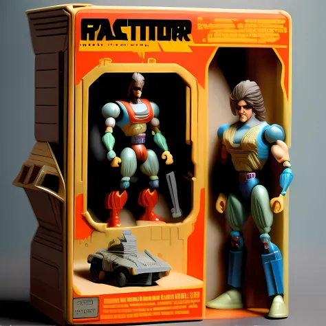 1987 Action Figure Playset Packaging <lora:1987ActionFigurePlaysetPackaging:1> Hasbror action figure and packaging action figure line based on Robocop, terminator, and Chopping Mall, Killer Robot with Laser cannons, Futurisit Battle car, 1985,