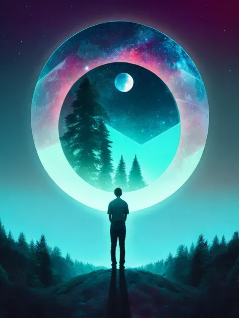 <lora:BeepleMikeWinkelmann:1>a person standing in front of a surreal looking head with trees and a moon in the background by Beeple Mike Winkelmann