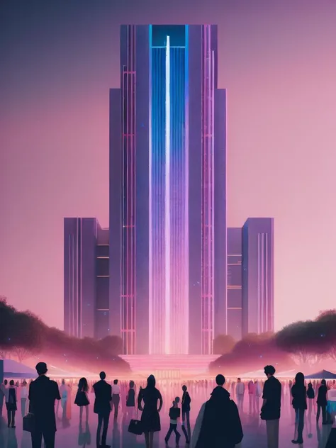 <lora:BeepleMikeWinkelmann:1>a painting of a giant building with people standing in front of it and a pink sky in the background by Beeple Mike Winkelmann