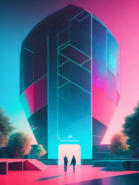 <lora:BeepleMikeWinkelmann:1>a futuristic looking building with a sky in the background and two people standing in front of it by Beeple Mike Winkelmann