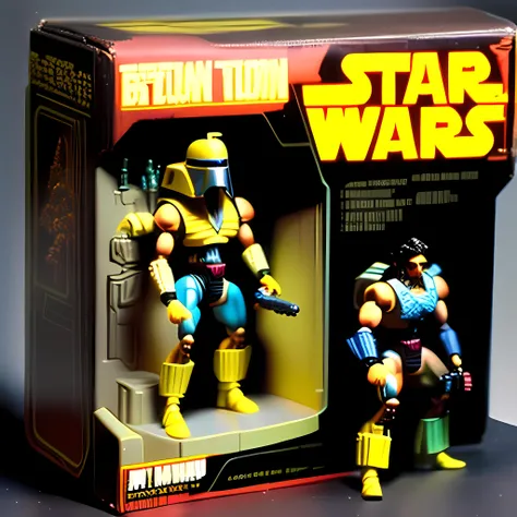 1987 Action Figure Playset Packaging <lora:1987ActionFigurePlaysetPackaging:1> Hasbro action figure and packaging action figure line based on Star Wars, Imperial Attack Droid with a blaster rifle, 1987, accessories,