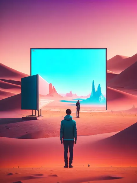 <lora:BeepleMikeWinkelmann:1>a person standing in the desert looking at a giant television set in the middle of the desert by Beeple Mike Winkelmann
