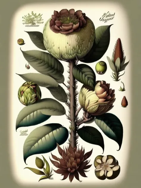 <lora:CenturyBotanicalIllustration:1>Guava varieties, botanical illustration, white background, extremely detailed, style of Pierre-Joseph Redoute, cartoon, Toon, ghibli, Dofus theme