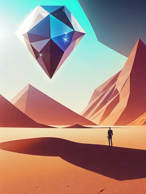 <lora:ChristopherBalaskas:1>a man standing in the middle of a desert with a giant diamond in the background by Christopher Balaskas