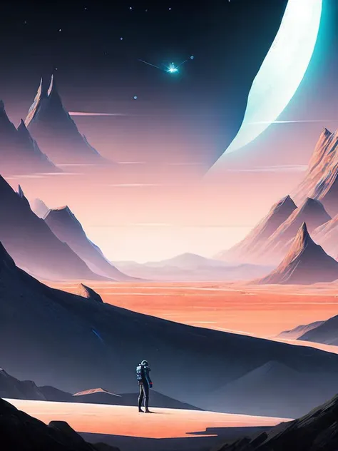 <lora:ChristopherBalaskas:1>an artist's rendering of an alien landscape with a man standing in the distance by Christopher Balaskas