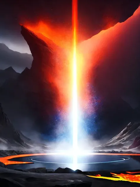 <lora:ChristopherBalaskas:1>an artist's rendering of a lava lake with a bright beam of light coming out of it by Christopher Balaskas