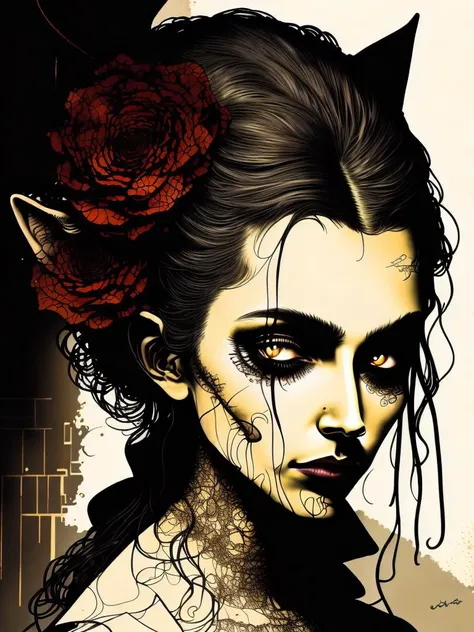 <lora:DaveMcKean:1>a double exposure shot, center composition, front profile of a goth victorian woman witch, long hair and eyes closed fading into nothing, [filled with images of bones, roots, text, thorns, cats, skulls, spider, text, data], center compositions with margins, no watermarks, grange, Dave Mckean style, distressed, rustic, dark magic, mystic, colorful, high contrast, character design,