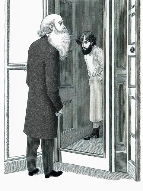 <lora:EdwardGorey:1>a drawing of a boy looking at a man with a long beard standing in front of an open door by Edward Gorey