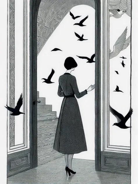 <lora:EdwardGorey:1>a drawing of a woman standing in front of a door with birds flying around her by Edward Gorey