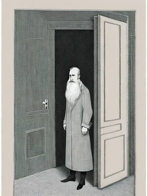 <lora:EdwardGorey:1>a man with a long beard standing in front of an open door and looking into another room by Edward Gorey