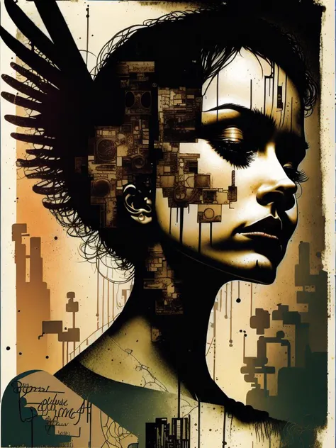<lora:DaveMcKean:1>a double exposure shot, front profile of a woman with wings on the low of her back and eyes closed fading into nothing, [filled with images of bones, pins. thorns, spiders, 9-inch nails, old house, keys, roots, text, thorns, spider, text, data], center compositions with margins, no watermarks, grange, Dave Mckean style, distressed, rustic, colorful, high contrast, character design,