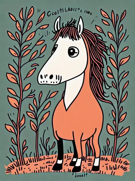 <lora:GemmaCorrell:1>smart horse denies involvement in farrier's body lying in bushes, by Gemma Correll