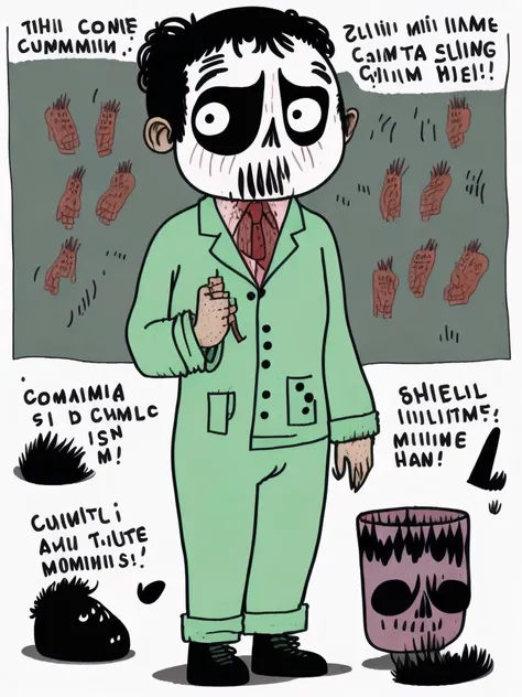 <lora:GemmaCorrell:1>woman zombie with a coffee mug in his hand, dressed in pajamas and slippers, white background, by Gemma Correll