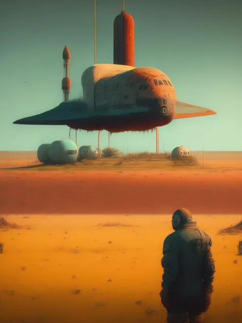 <lora:FilipHodas:1>space shuttle in field rusted, landscape village, people standing, photorealistic, Simon stalenhag style