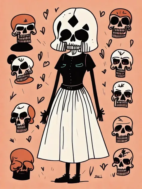 <lora:GemmaCorrell:1>skull woman maxidress character design by Gemma correll