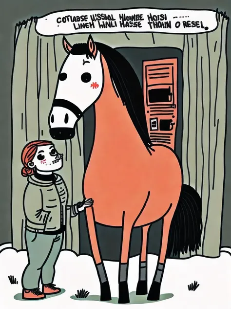 <lora:GemmaCorrell:1>Sly russian horse demonstrates unusual ways of behavior at stable, by Gemma Correll