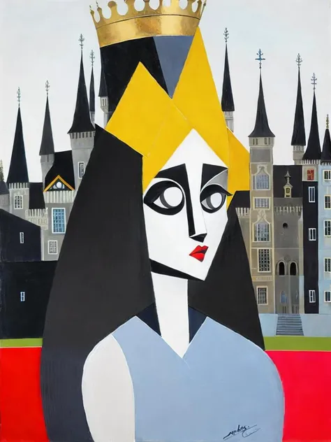 <lora:GeorgeCondo:1>a painting of a woman with a crown on her head and a castle in the background by George Condo
