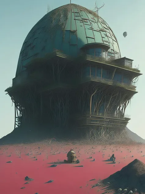 <lora:FilipHodas:1>post-apocaliptic dome-shaped buildings designed by Wes Anderson, made of glass and steel, colony on other planet, sci-fi style crates with equipment lying around, retro futurism, cyberpunk aesthetics, blade runner style, complementary colors, apocalyptic, dystopian, darksynth, daz3d, featured on pixiv, cg society contest winner