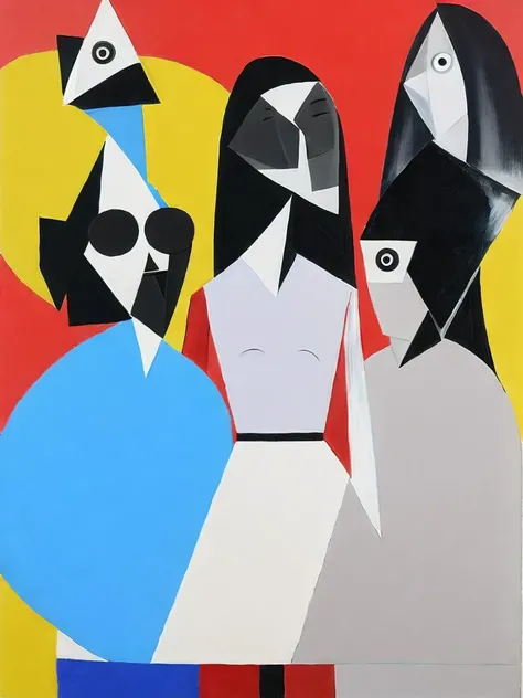 <lora:GeorgeCondo:1>a painting of three people standing next to each other with faces drawn on them by George Condo