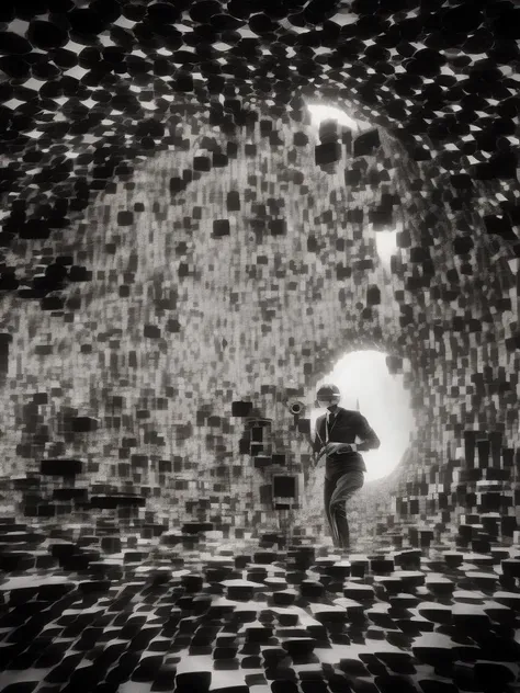 <lora:GilbertGarcin:1>extremely long exposure, film still from Ingmar Bergmans Persona, 1966, photograph by Tina Modotti and Grete Stern, a man wearing an astronaut helmet moving at light speed through a forward moving Hexagonal neon tunnel, black and white light tubes, musical waves symbolism, with a double exposure image of Stardust and dust particles overlayed, black & white,