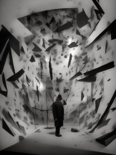<lora:GilbertGarcin:1>interrogation, german expressionism, caligari, juxtaposition perspective, impossible objects, veristic surrealism, cinematic lighting, 8k
