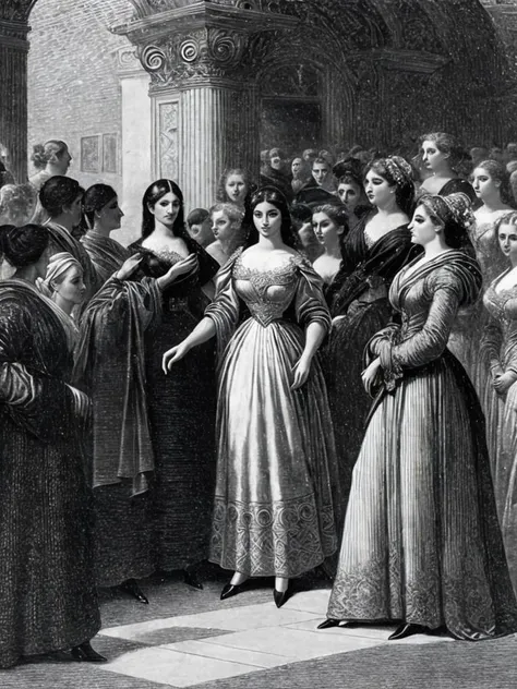 <lora:GustaveDor:1>a black and white painting of a woman standing in front of a group of people by Gustave Dor