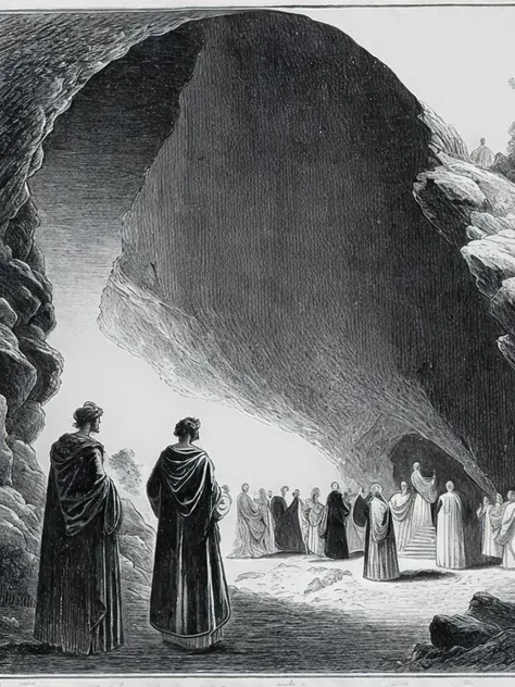 <lora:GustaveDor:1>a black and white drawing of a group of people standing in front of a cave by Gustave Dor