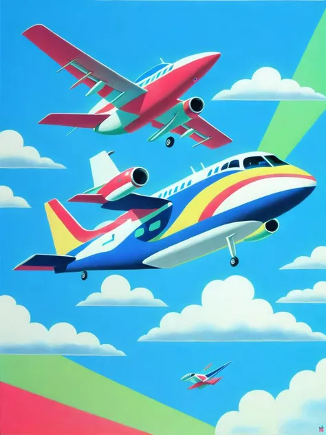 <lora:HiroshiNagai:1>a painting of a colorful airplane flying through the air with clouds in the background by Hiroshi Nagai
