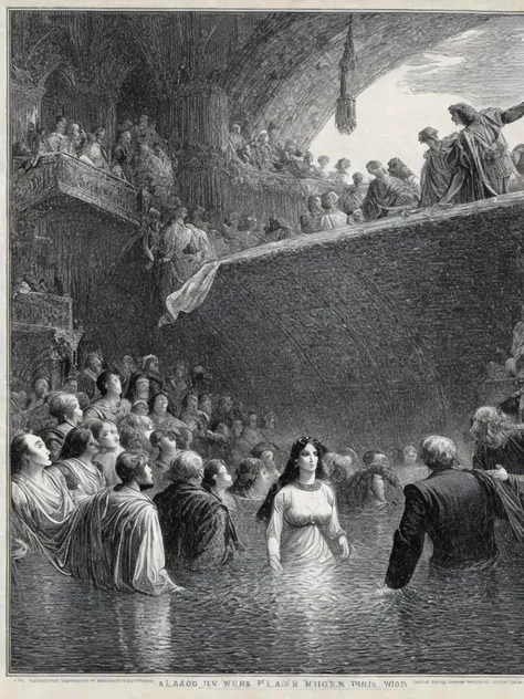 <lora:GustaveDor:1>a black and white drawing of a person in the water surrounded by other people by Gustave Dor