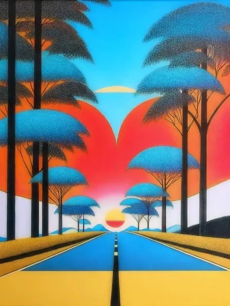 <lora:HiroshiNagai:1>a painting of a road with trees and a sunset in the background and a sky in the background by Hiroshi Nagai