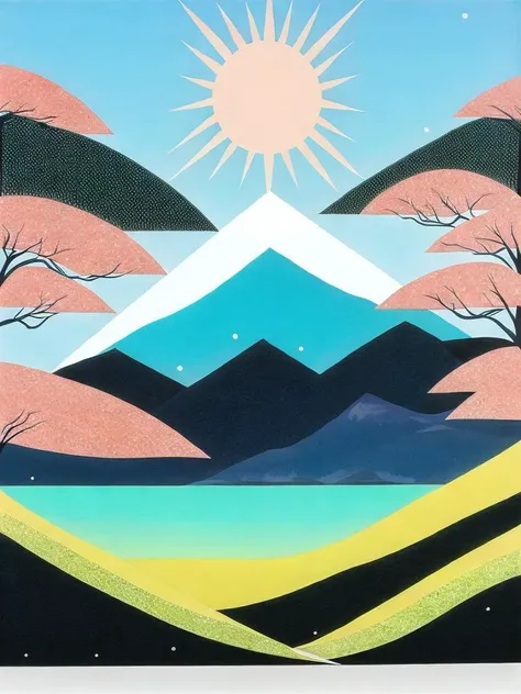 <lora:HiroshiNagai:1>a painting of a mountain landscape with a sun in the sky and trees in the foreground by Hiroshi Nagai