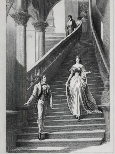 <lora:GustaveDor:1>a black and white drawing of a man and a woman walking down a set of stairs by Gustave Dor